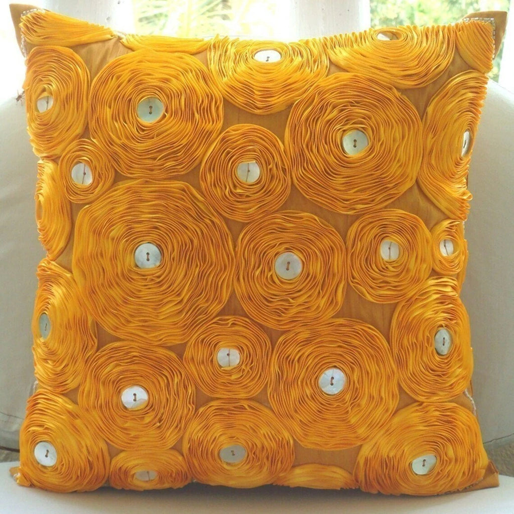 Decorative Sofa Pillow Cover Orange 16"x16", Bed Decor Silk Floral - Marigold