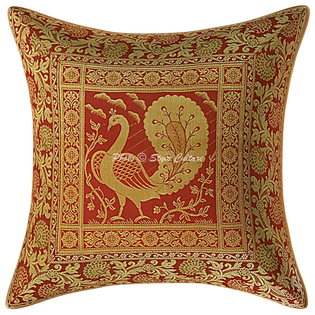 Indian Brocade Sofa Cushion Cover Handmade Peacock Pillow Case Cover Throw 12"