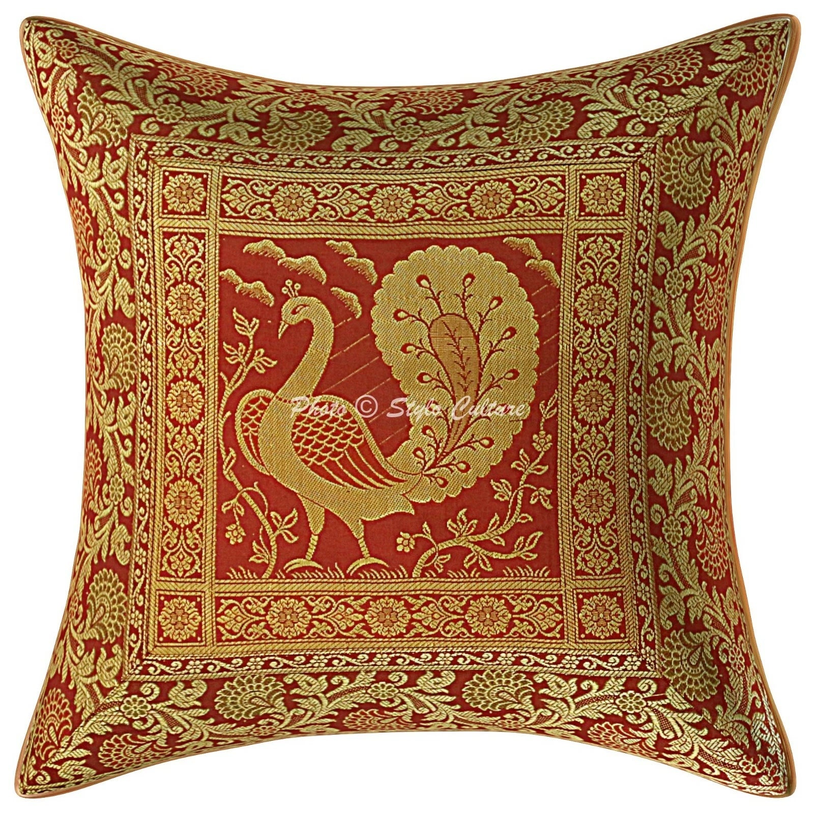 Indian Brocade Sofa Cushion Cover Handmade Peacock Pillow Case Cover Throw 12"