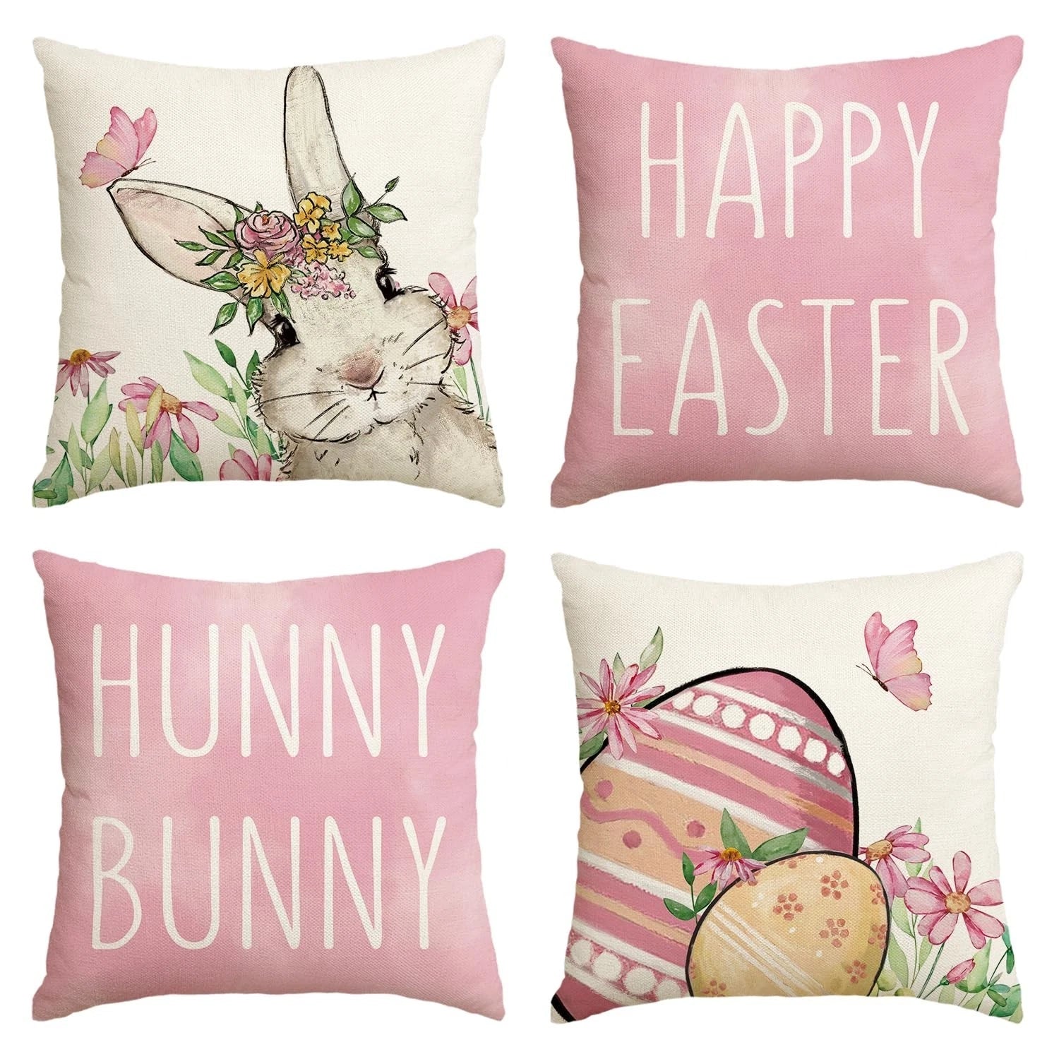 Happy Easter Pink Throw Pillow Covers, Easter Eggs Bunny Cushion Case for Sofa