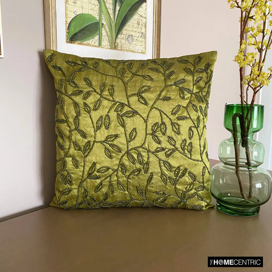Square Sofa Pillow Case Green 16"x16", Bed Decor Silk Leaf Beaded - Tropical