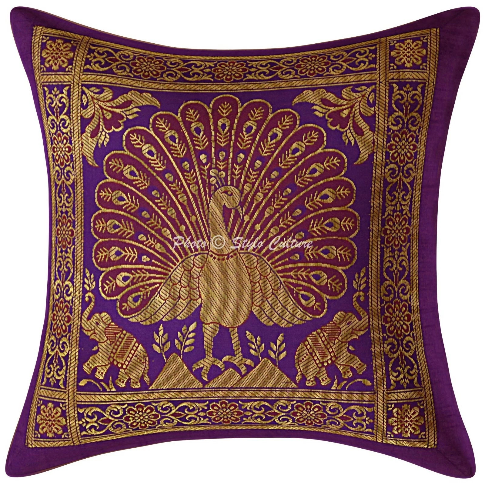 Indian Peacock Brocade Cushion Cover Handmade Sofa Pillow Case Cover Throw 12"