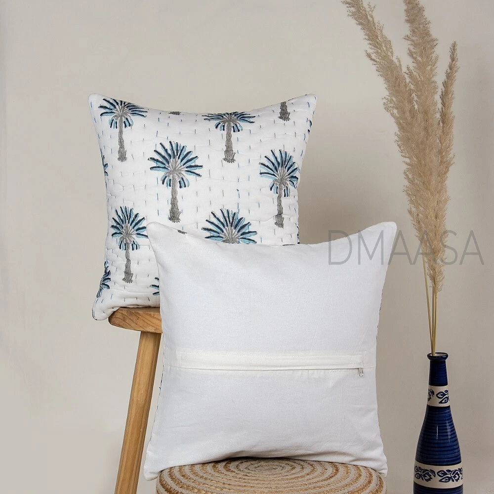 Grey & Blue Palm Tree Pillow Cover Bed Sofa Cushion Case Indian Cotton Cover