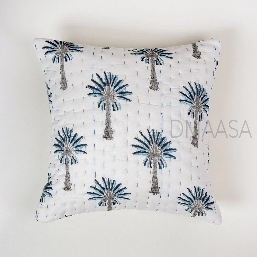 Grey & Blue Palm Tree Pillow Cover Bed Sofa Cushion Case Indian Cotton Cover
