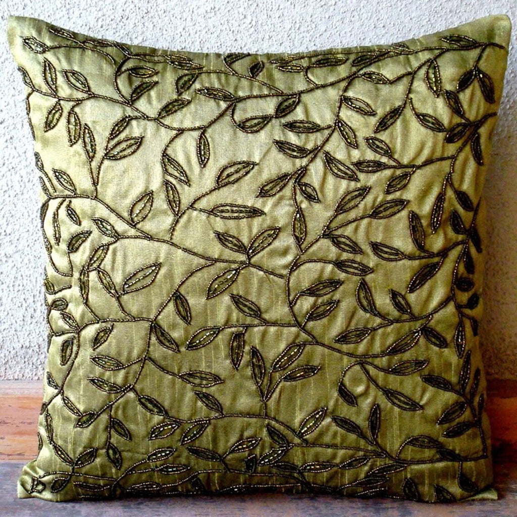 Square Sofa Pillow Case Green 16"x16", Bed Decor Silk Leaf Beaded - Tropical