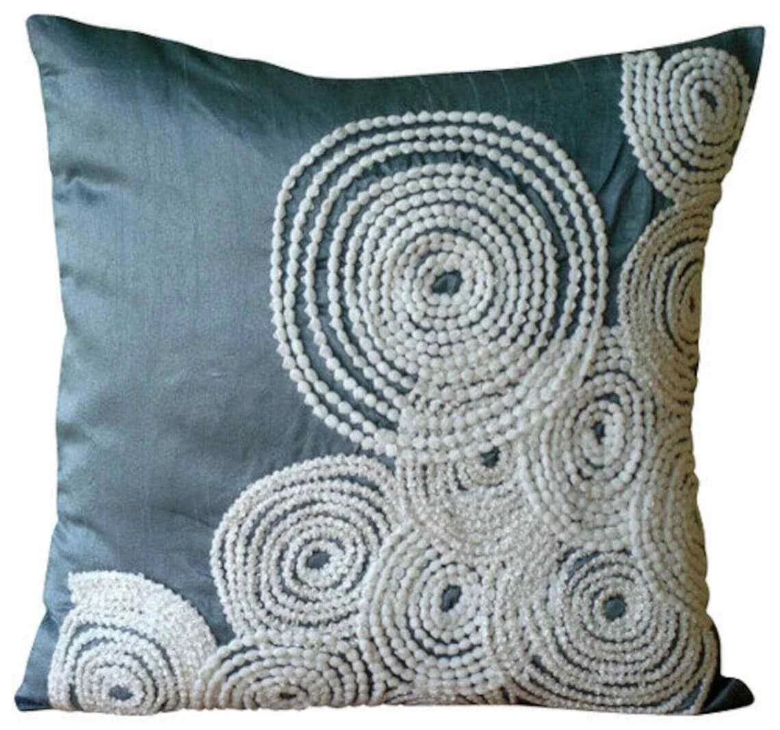 Couch Cushion Cover Blue 16"x16", Bed Decor Silk Pom Pom Lace - Snow Centric