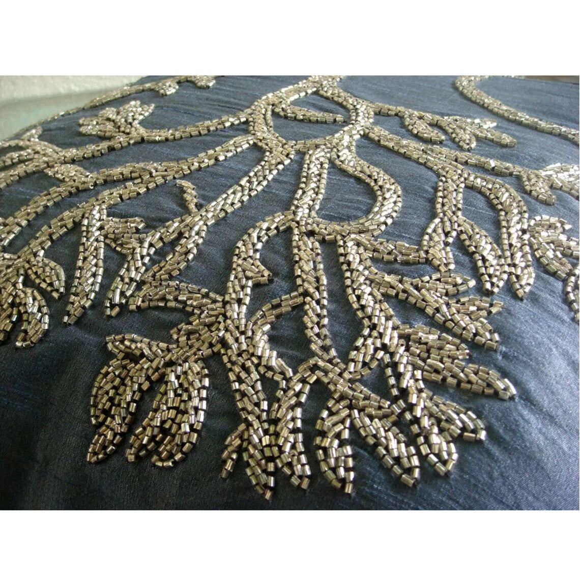 Couch Pillow Case Blue 16"x16", Bed Decor Silk Tree Beaded - Paradise Tree