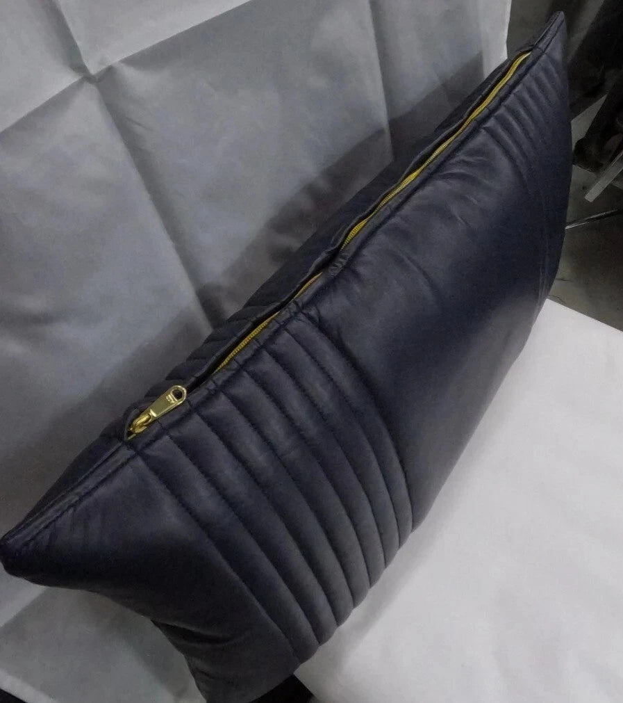 Lambskin Leather Navy Blue Rectangle Pillow Cover | Quilted Decorative Cover