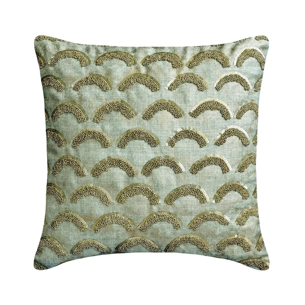 Couch Pillow Cover Blue 16"x16", Bed Decor Silk Beaded Embroidery Foil - Erdene