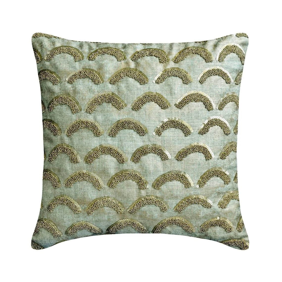 Couch Pillow Cover Blue 16"x16", Bed Decor Silk Beaded Embroidery Foil - Erdene