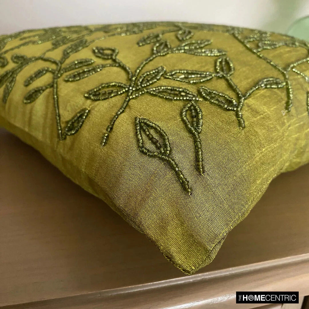 Square Sofa Pillow Case Green 16"x16", Bed Decor Silk Leaf Beaded - Tropical