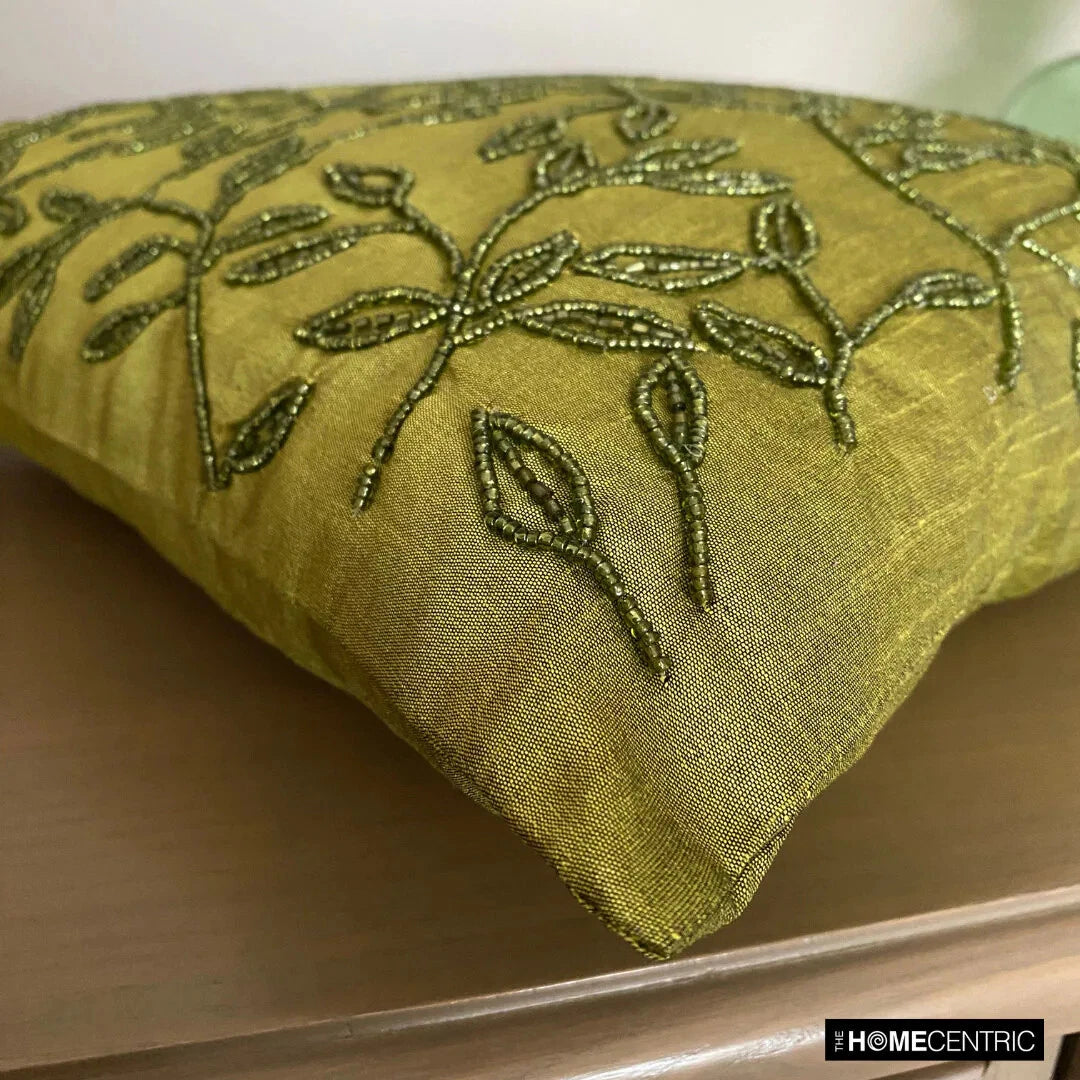 Square Sofa Pillow Case Green 16"x16", Bed Decor Silk Leaf Beaded - Tropical