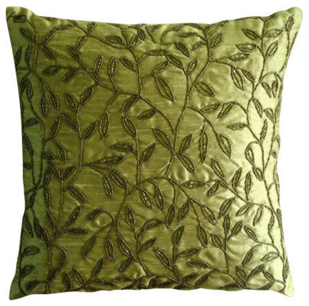 Square Sofa Pillow Case Green 16"x16", Bed Decor Silk Leaf Beaded - Tropical