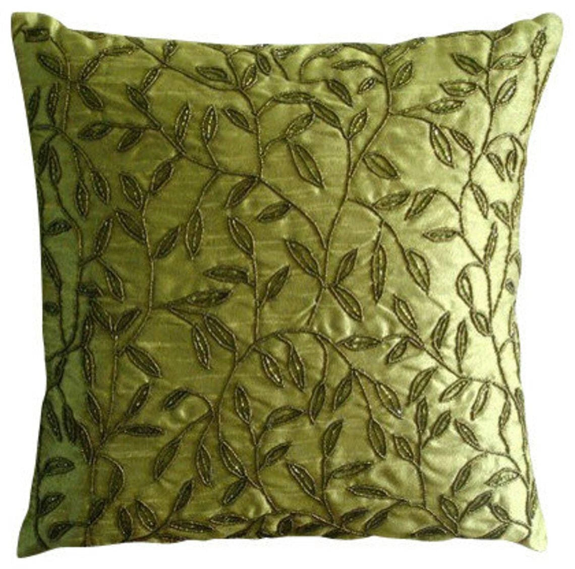 Square Sofa Pillow Case Green 16"x16", Bed Decor Silk Leaf Beaded - Tropical