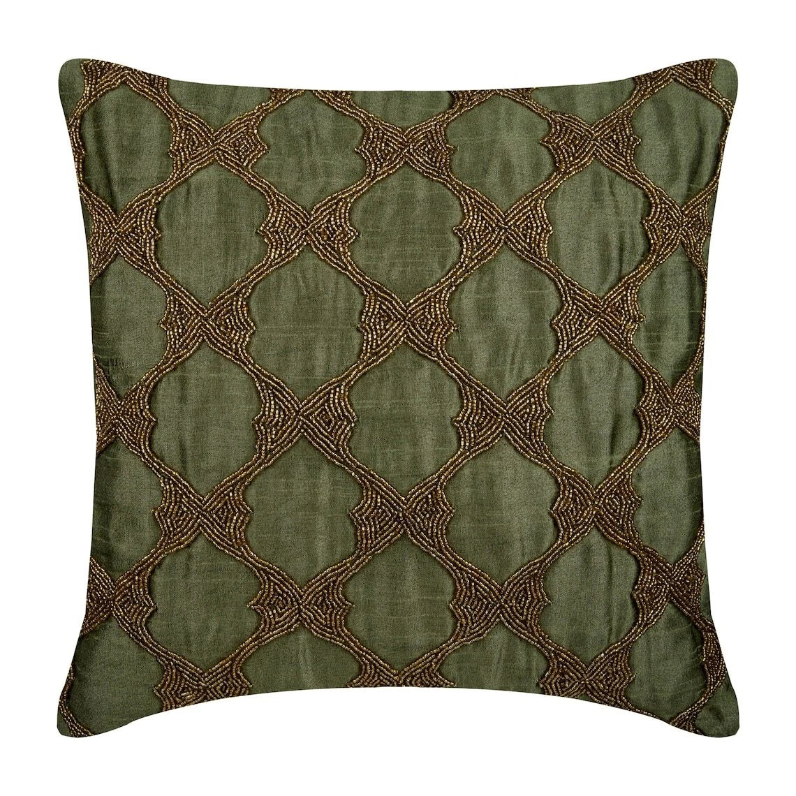 Sofa Cushion Cover Green 16"x16", Bed Decor Silk Geometric - Tarnished Gold