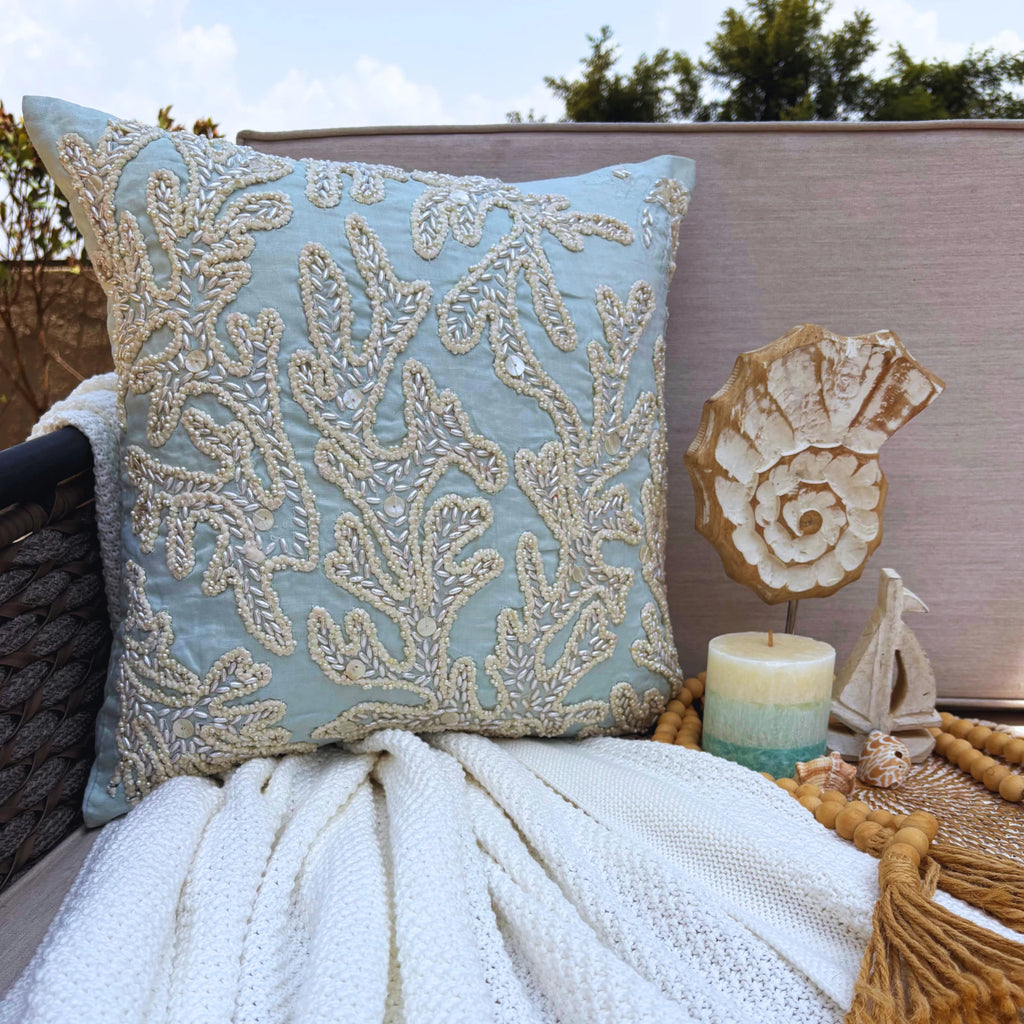 Decorative Sofa Cushion Case Blue 16"x16", Bed Decor Cotton - Pearly Sea Tangle