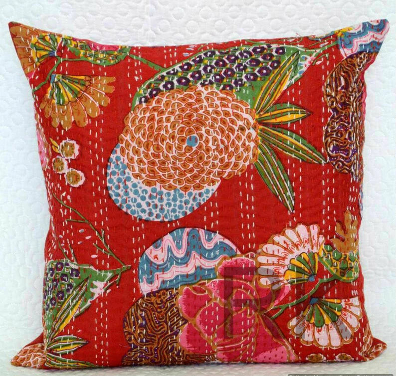 Cotton Kantha Cushion Cover Bed Sofa Pillow Cases, 2 Pcs Set Throw Cushion