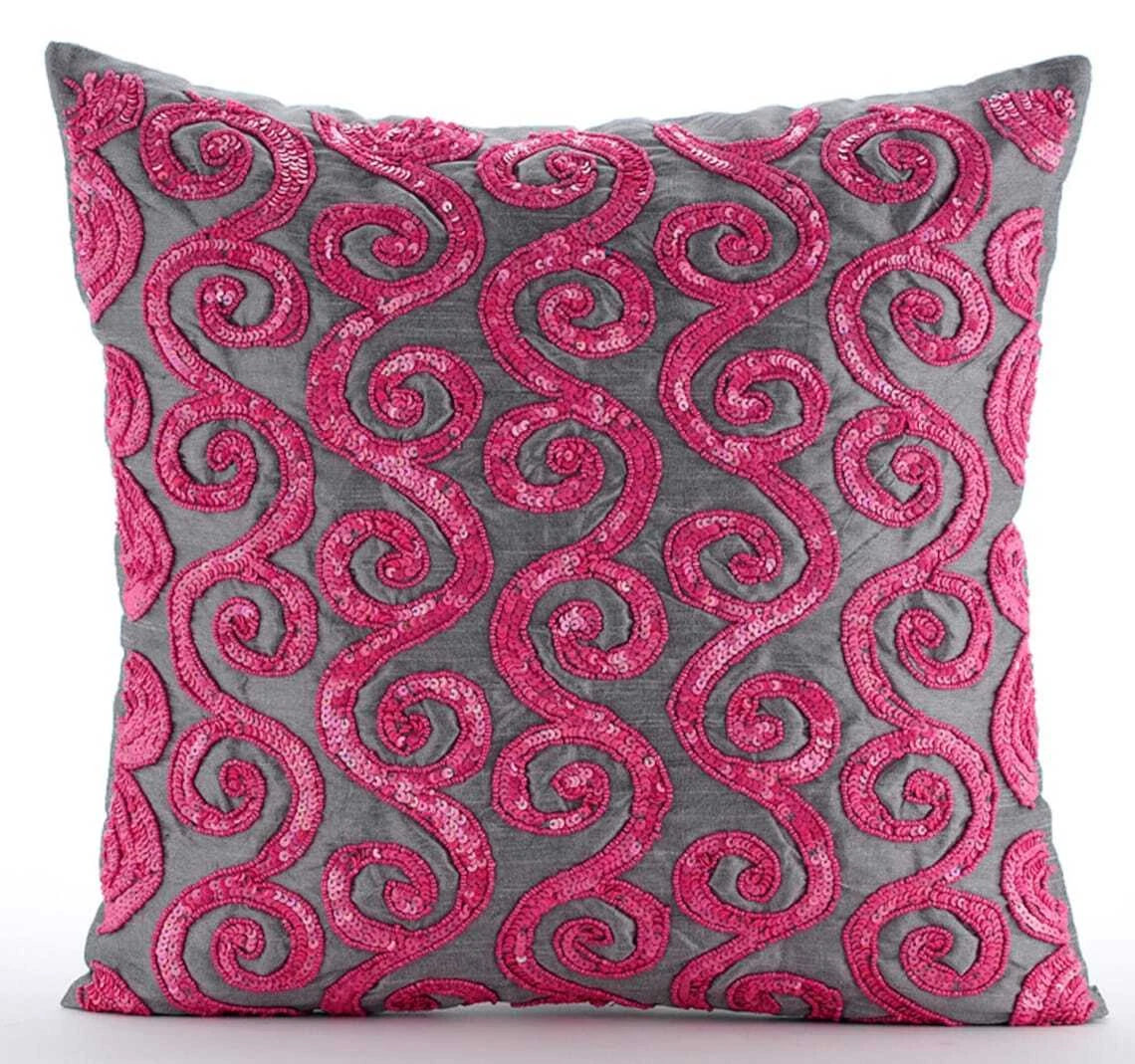 Sofa Pillow Case Pink 16"x16", Bed Decor Silk Abstract - Pink Sugar Scroll