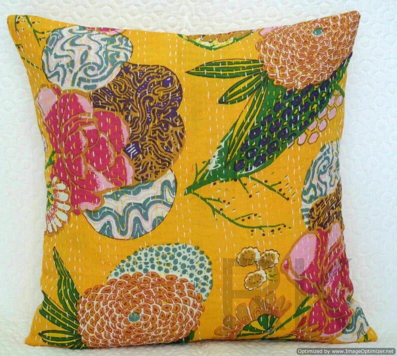 Cotton Kantha Cushion Cover Bed Sofa Pillow Cases, 2 Pcs Set Throw Cushion