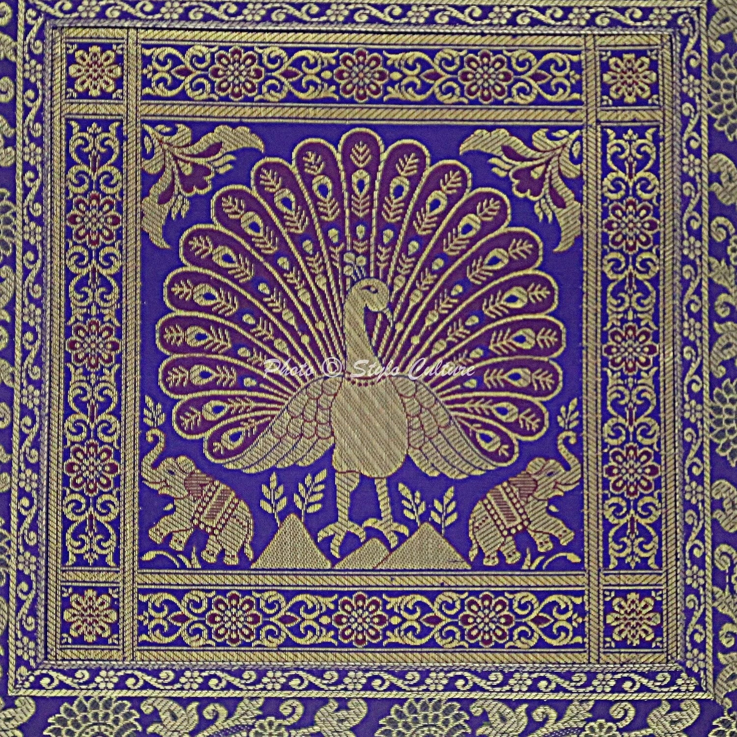 Peacock Brocade Cushion Cover Indian Handmade Throw Sofa Pillow Case Cover 12"