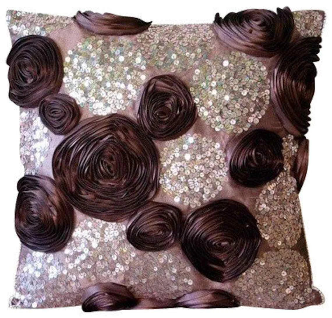 Sofa Pillow Case Purple 16"x16", Bed Decor Silk Floral - Wine and Roses