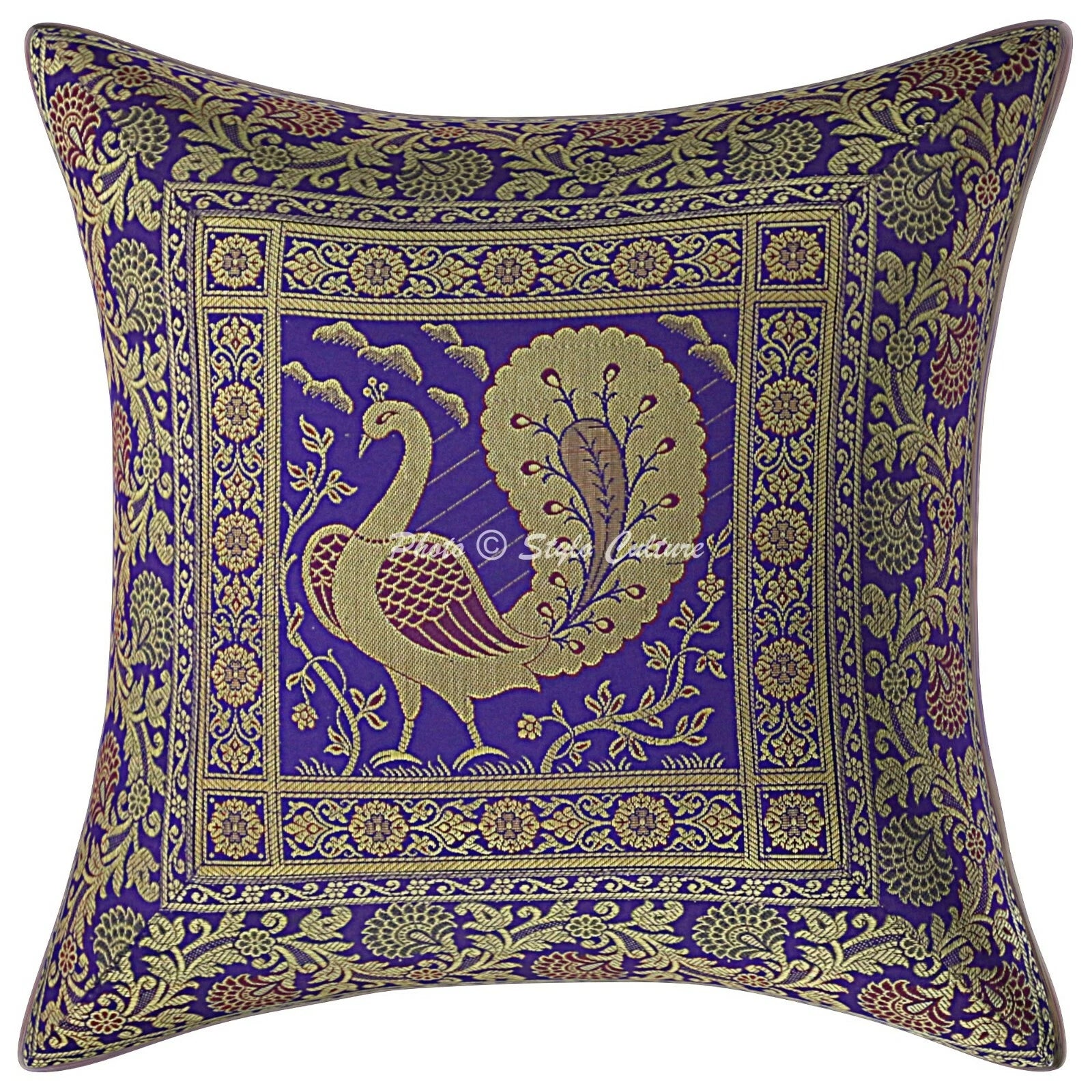 Indian Brocade Sofa Cushion Cover Handmade Peacock Pillow Case Cover Throw 12"