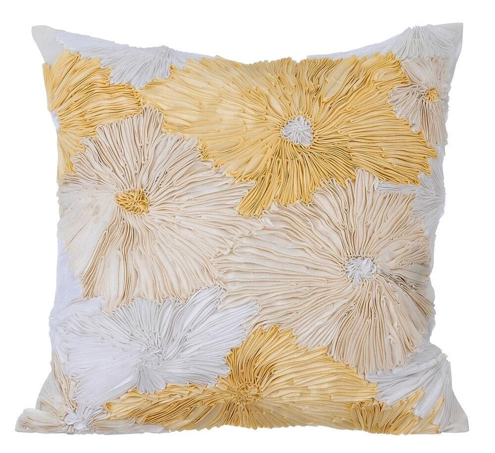 Decorative Couch Cushion Case Ivory 16"x16", Bed Decor Silk Floral - Dandelion
