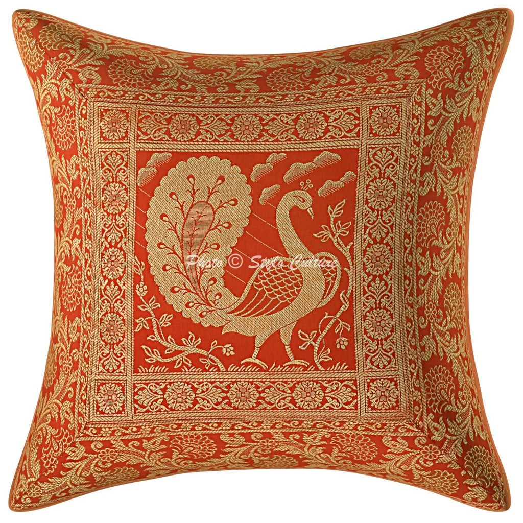 Indian Brocade Sofa Cushion Cover Handmade Peacock Pillow Case Cover Throw 12"