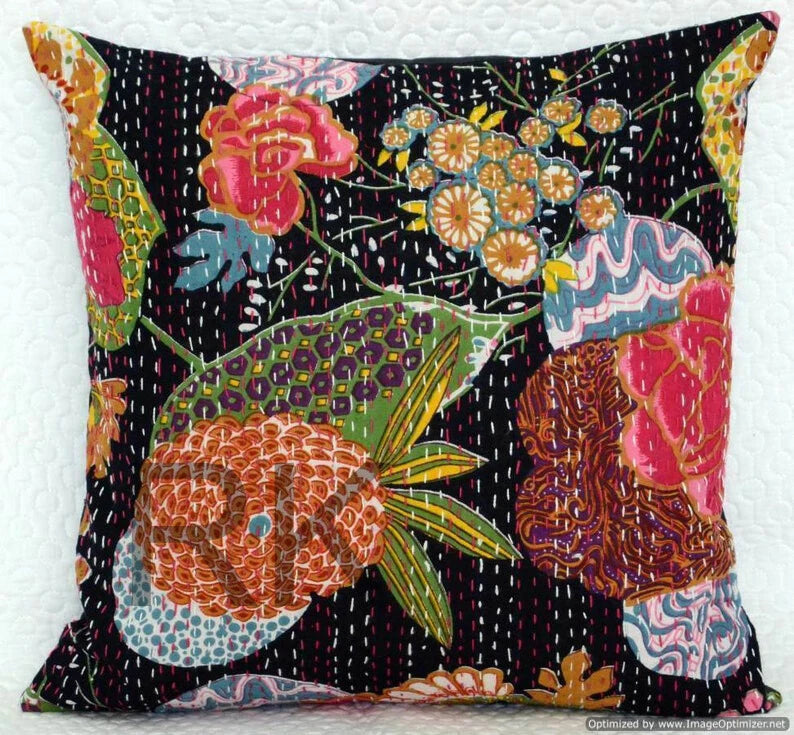 Cotton Kantha Cushion Cover Bed Sofa Pillow Cases, 2 Pcs Set Throw Cushion
