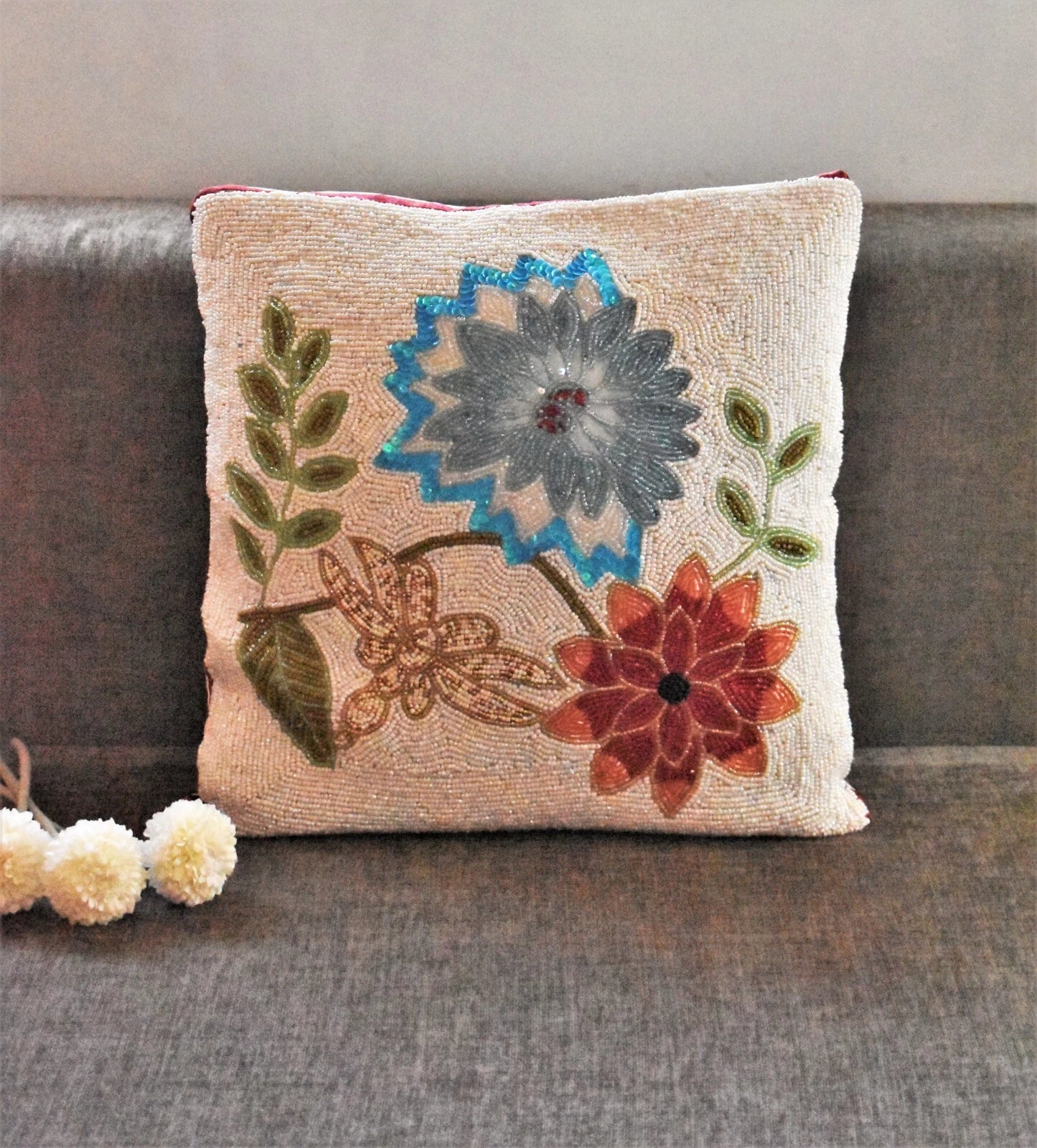 Decorative Beaded Cushion Cover Handmade Sofa Pillow Covers 16x16 In Set of 2