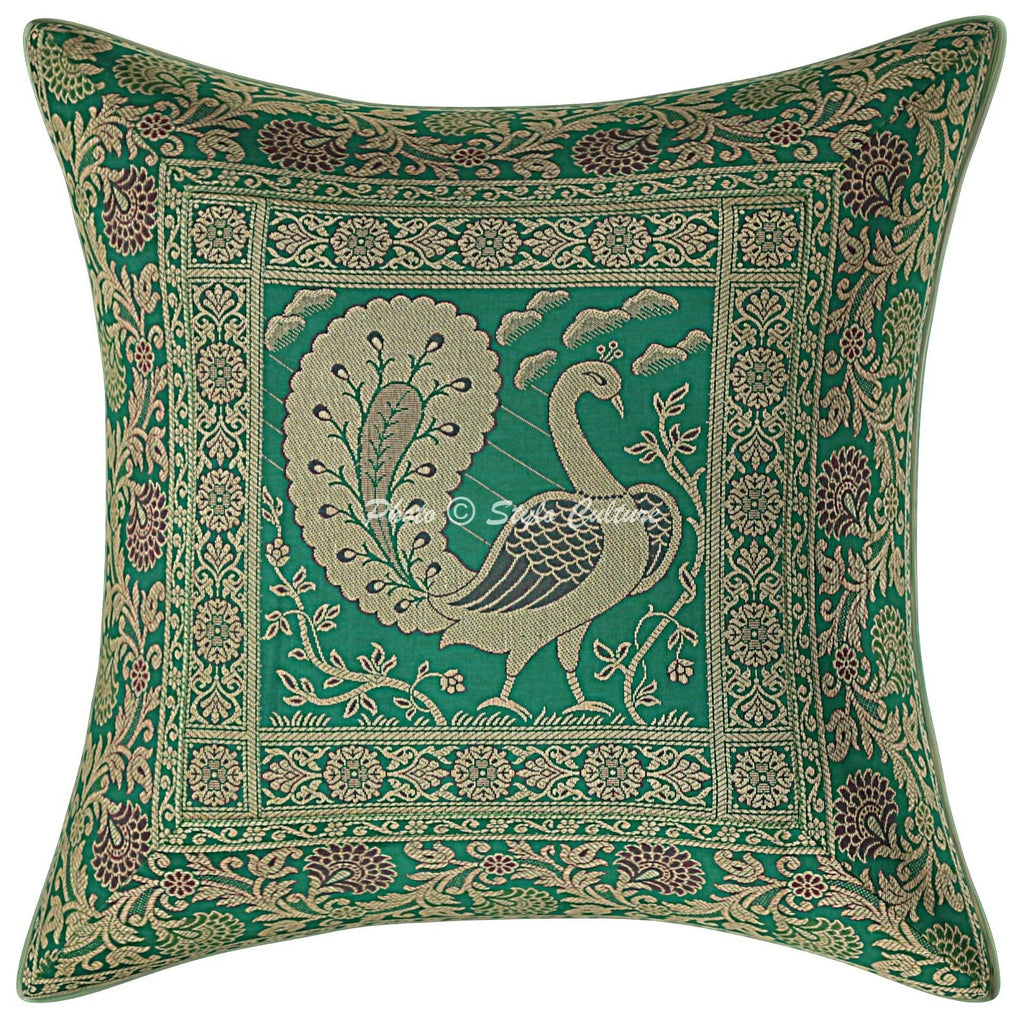 Indian Brocade Sofa Cushion Cover Handmade Peacock Pillow Case Cover Throw 12"