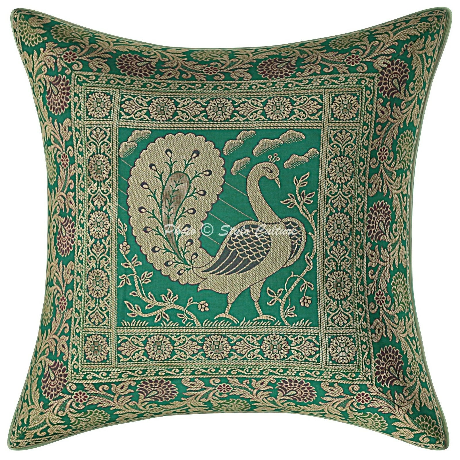 Indian Brocade Sofa Cushion Cover Handmade Peacock Pillow Case Cover Throw 12"