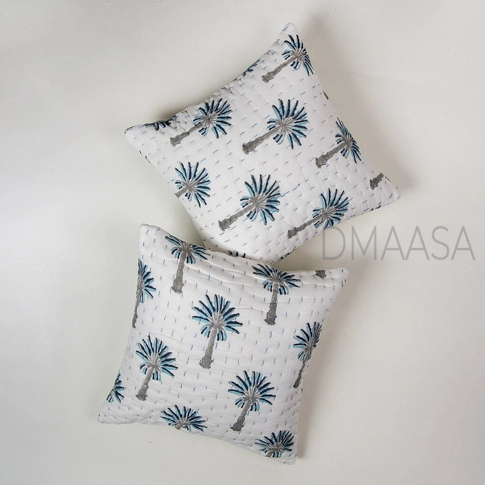 Grey & Blue Palm Tree Pillow Cover Bed Sofa Cushion Case Indian Cotton Cover