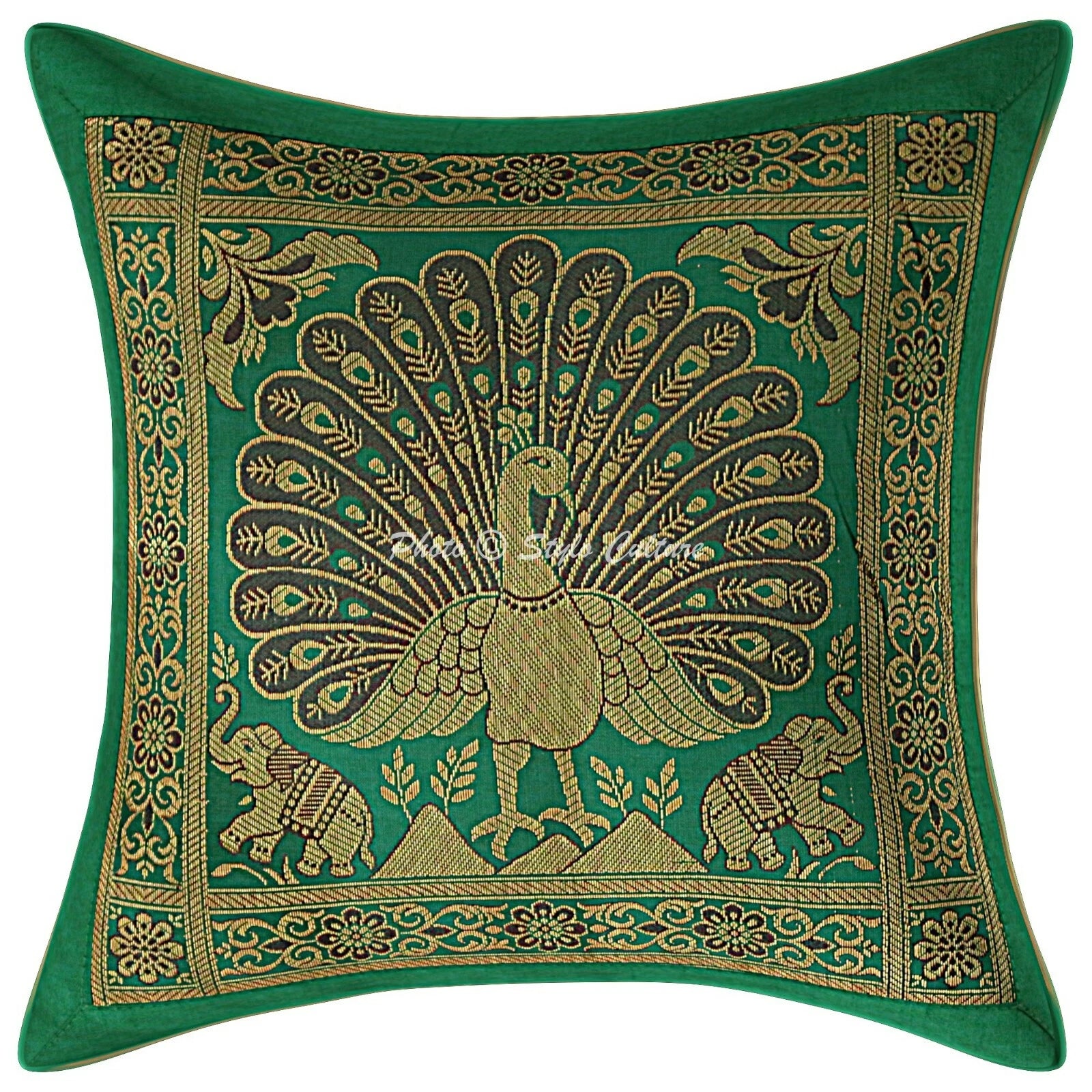 Indian Peacock Brocade Cushion Cover Handmade Sofa Pillow Case Cover Throw 12"