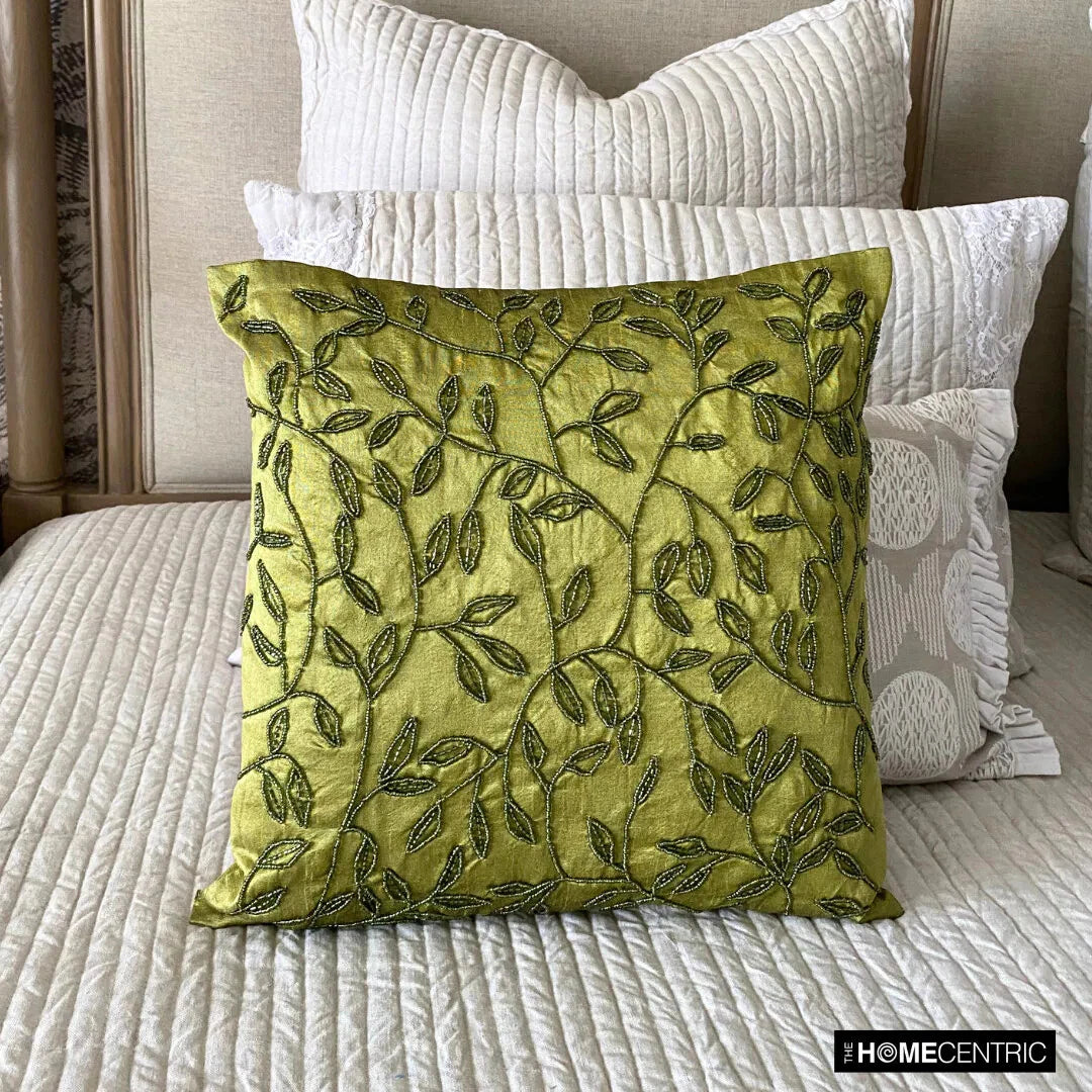 Square Sofa Pillow Case Green 16"x16", Bed Decor Silk Leaf Beaded - Tropical