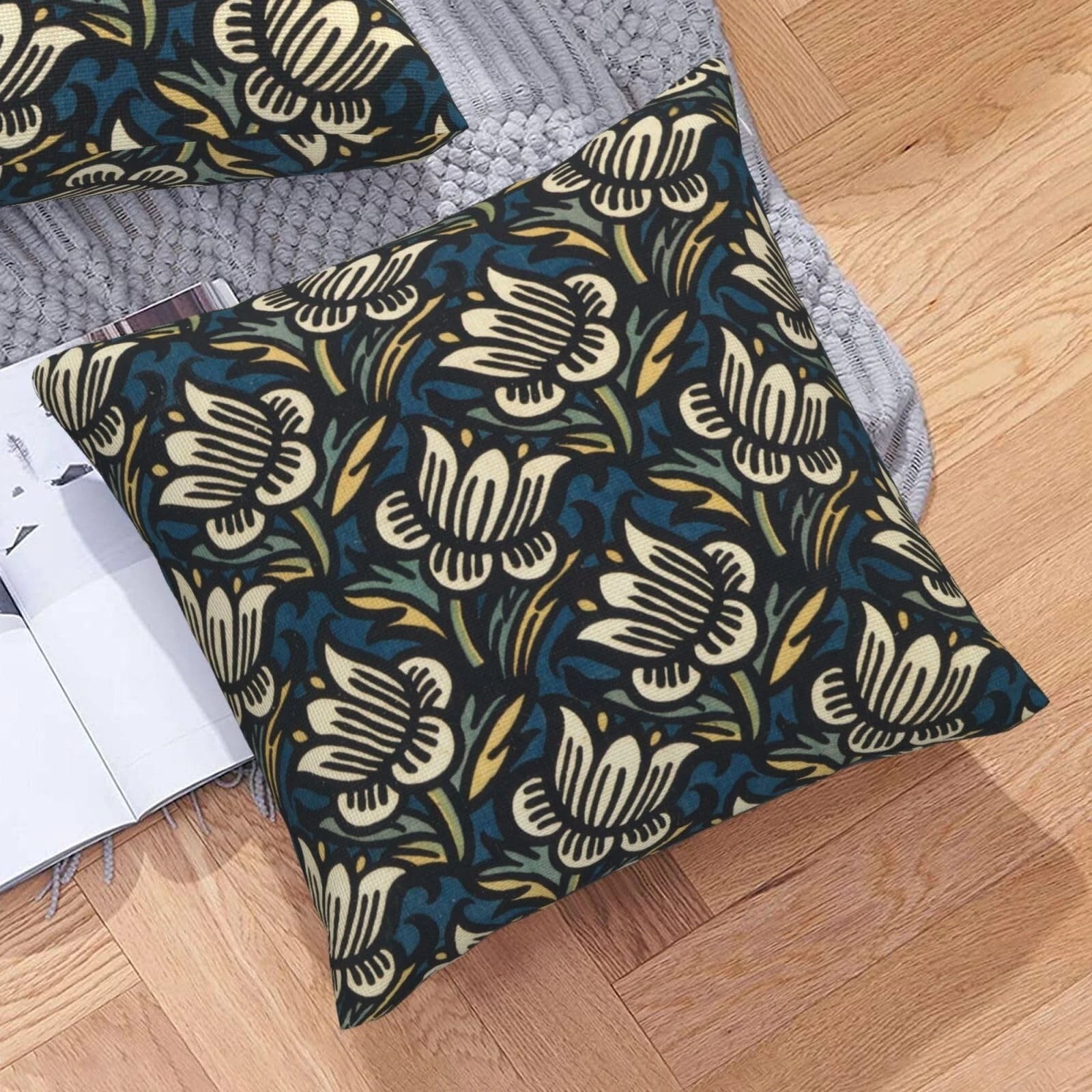 Vintage Blue Floral Print Throw Pillowcase Square Cushion Cover For Sofa Bed