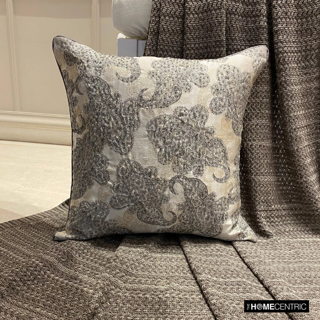 Couch Pillow Case Grey 16"x16", Bed Decor Silk Abstract - Paisley Elegance