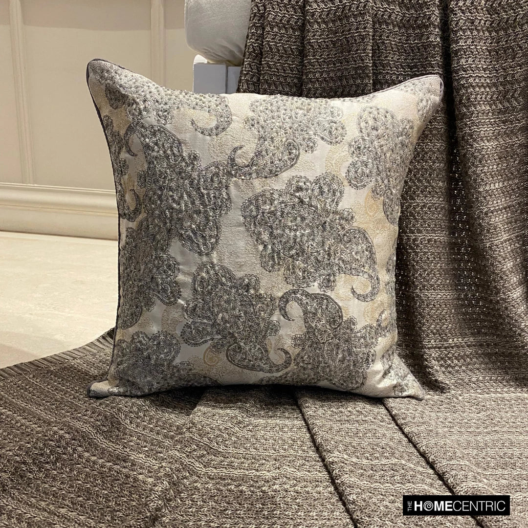 Couch Pillow Case Grey 16"x16", Bed Decor Silk Abstract - Paisley Elegance