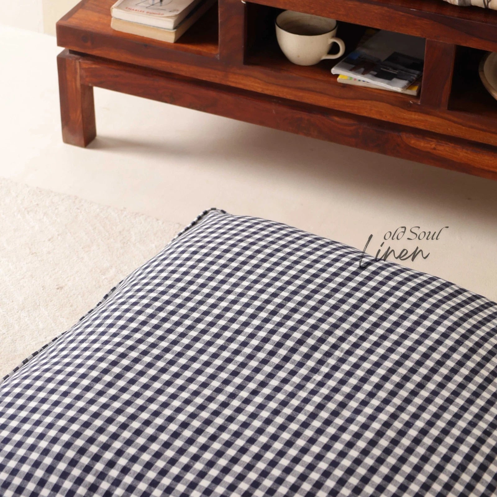 Gingham Check Gauze Linen Floor Cushion Case Pouf Cover Boho Minimalist Decor