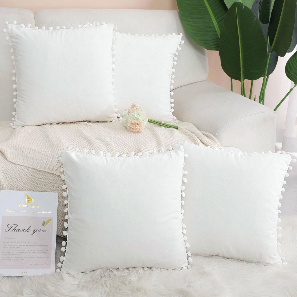 Velvet Pillow Cover with Pompoms for Sofa Bed 4PCS