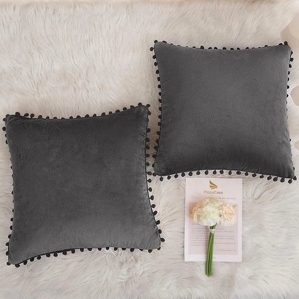 Velvet Pillow Cover with Pompoms for Sofa Bed 2PCS