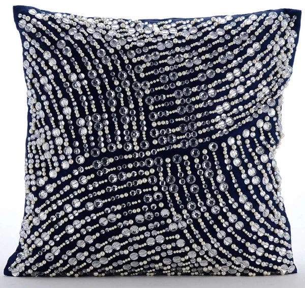 Sofa Cushion Case Blue 16"x16", Bed Decor Taffeta - Crystals N Pearls Jam