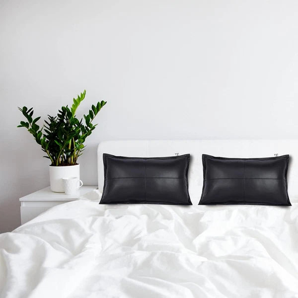 Elegant Lambskin Leather Black Box Rectangular Pillow Cover Sofa Cushion Case