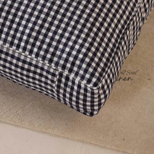 Gingham Check Gauze Linen Floor Cushion Case Pouf Cover Boho Minimalist Decor