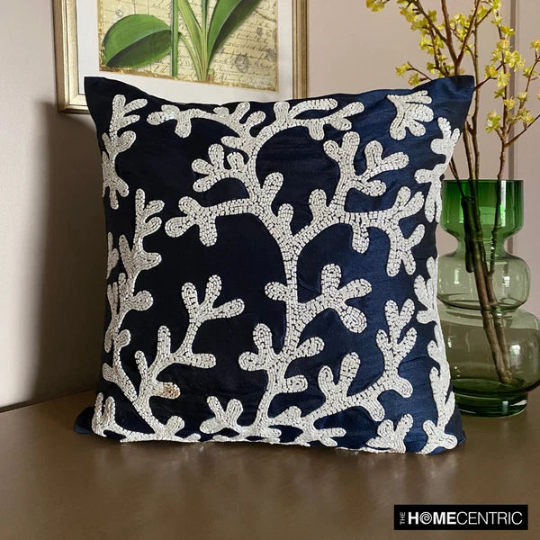 Couch Pillow Cover Blue 16"x16", Bed Decor Silk Sea Creatures - Navy Corals