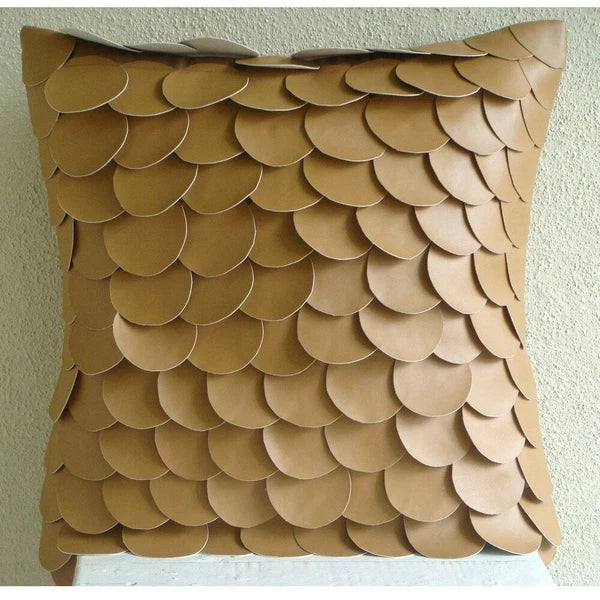 Couch Cushion Case Brown 16"x16", Bed Decor Faux Leather Circles & Dots - Scales