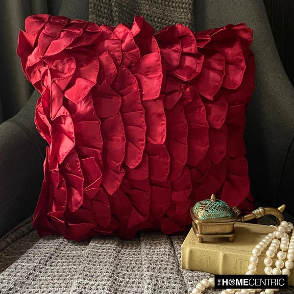 Square Sofa Pillow Cover Red 16"x16", Bed Decor Satin Ruffles - Vintage Rubys