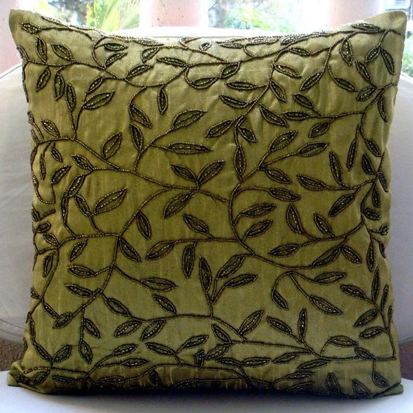 Square Sofa Pillow Case Green 16"x16", Bed Decor Silk Leaf Beaded - Tropical