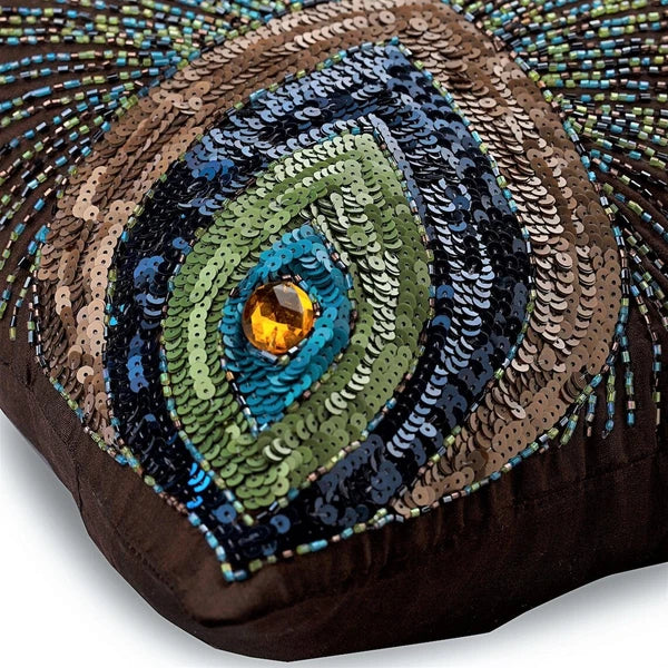 Decorative Sofa Cushion Case Brown 16"x16", Bed Decor Silk - Peacock Sparkle