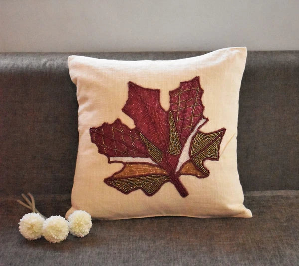 Beaded Cushion Cover Maple Leaf Decorative Sofa Pillow Case 16x16 In Set of 2